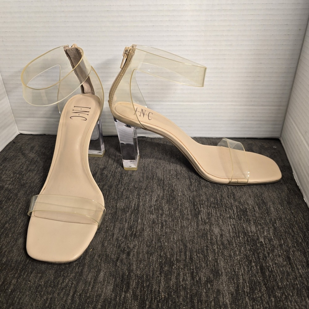 INC International Concepts Clear Strap‎ Lucite Block Heel Sandals Womens 7.5M